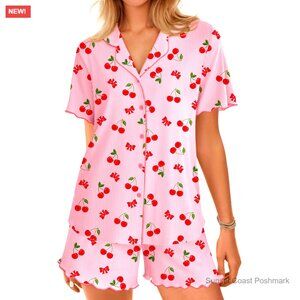 Ribbed Knit Pajama Short Set Pink Red Cherry Print Short Sleeve Sleepwear New